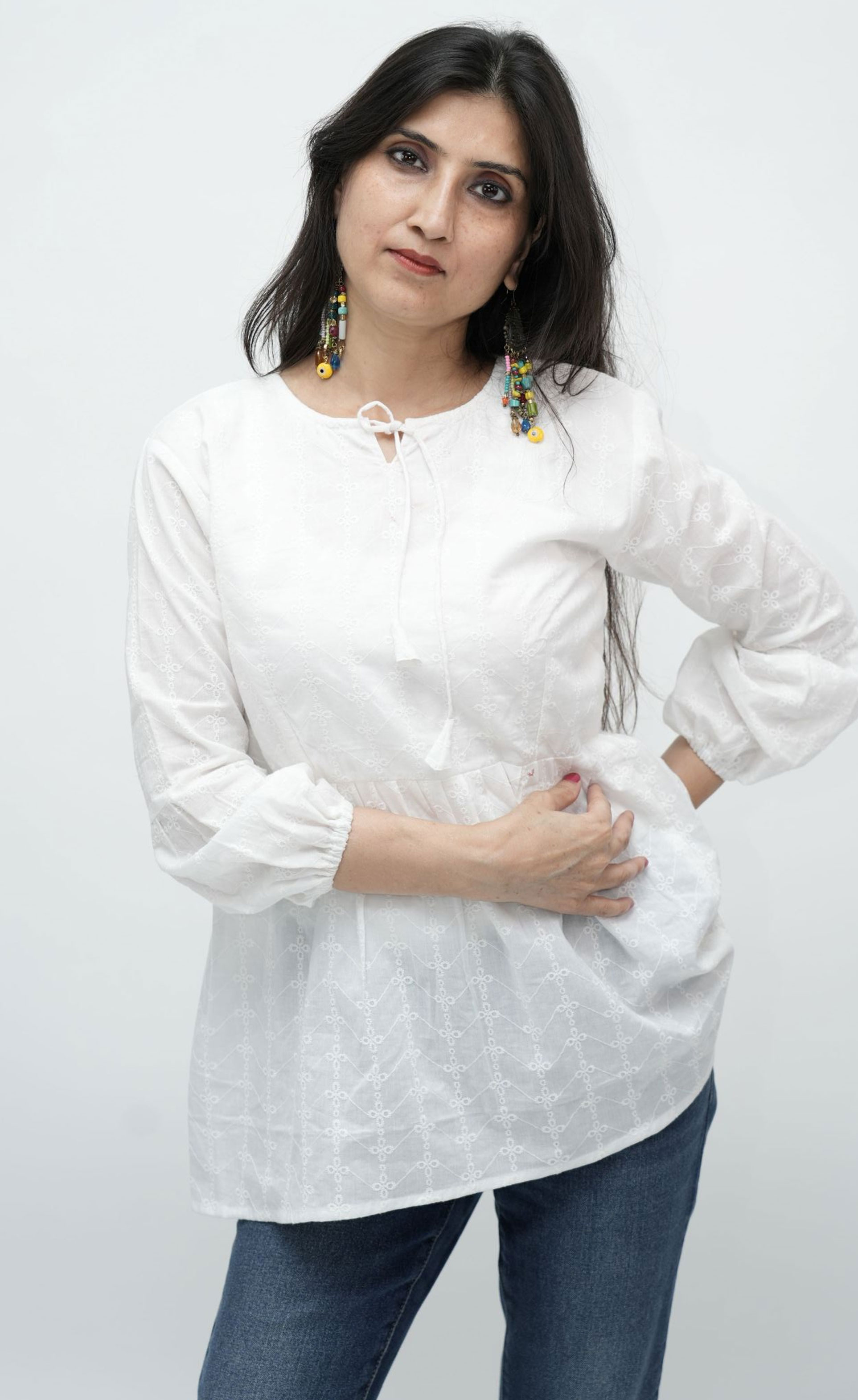 White Cotton Embroidered Peasant Top