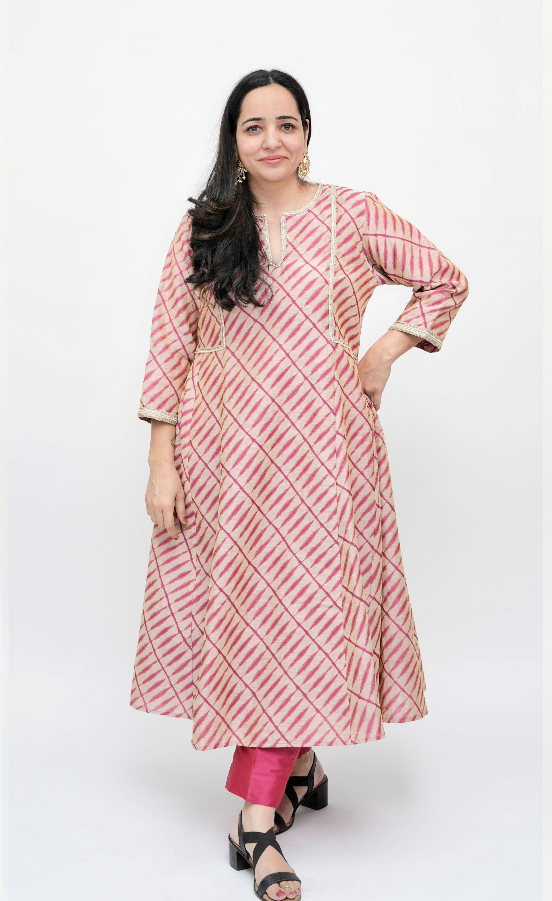 Beige & Pink Hand block Printed Chanderi A-Line Kurta Set