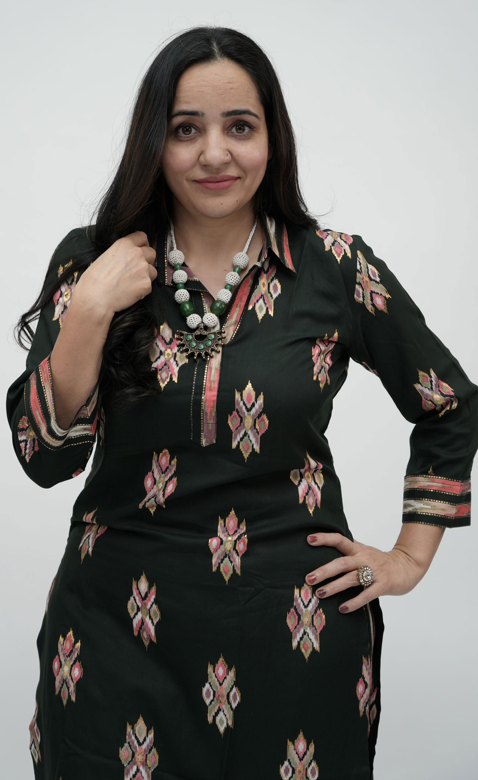 Elegant Dark Green Ikat Printed Straight Kurta