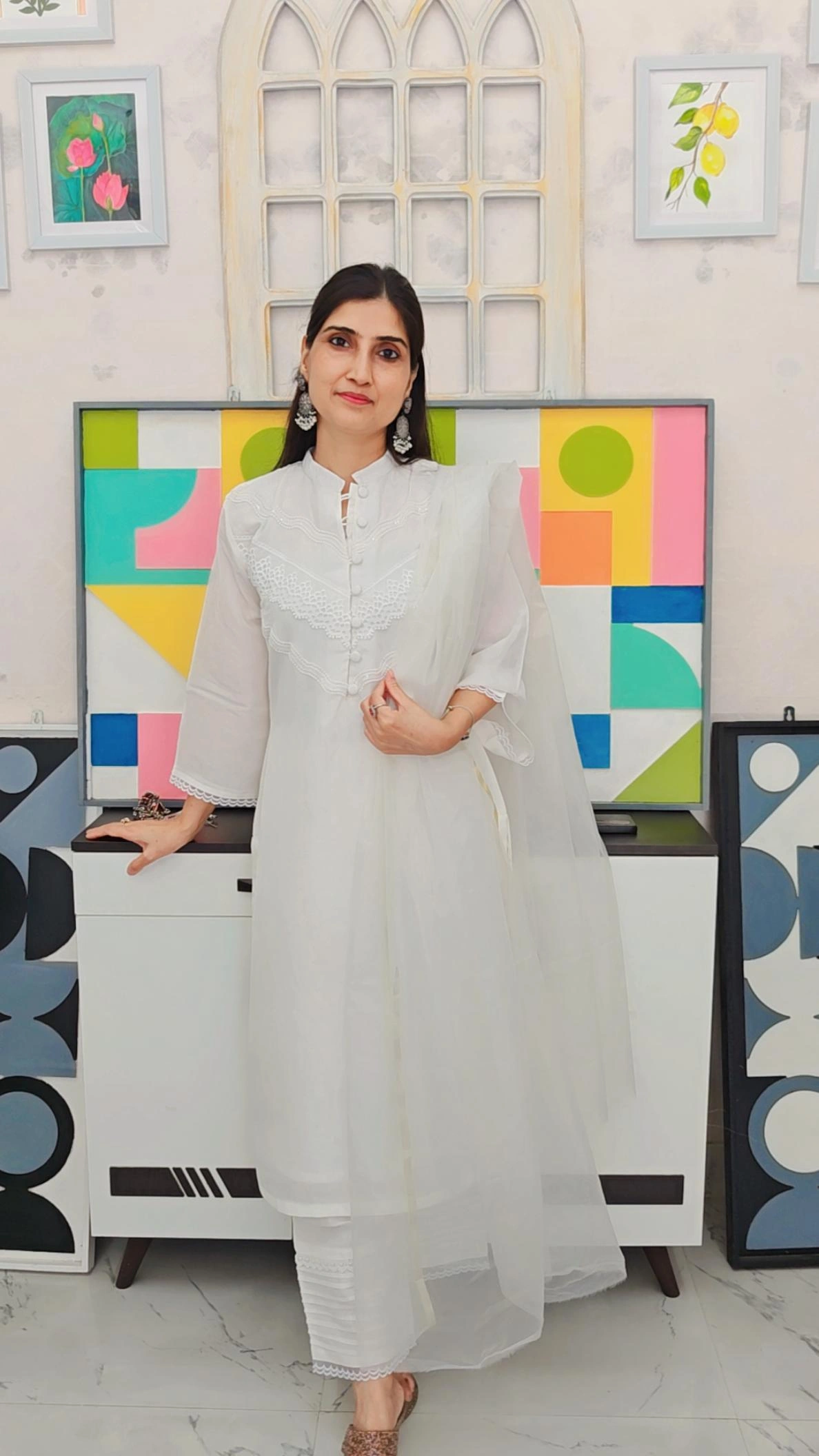 White Silk Kurta Set with Organza Dupatta